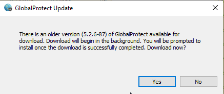 A GlobalProtect message offering the user the option to download a new update.