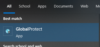 GlobalProtect inside the Windows Start menu.