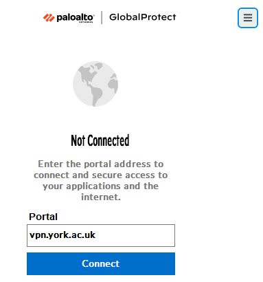 The main GlobalProtect window - displaying the Portal address vpn.york.ac.uk and the status "Not connected".