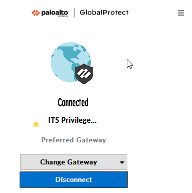 The main GlobalProtect window - displaying "Connected" status, with an button to Disconnect.